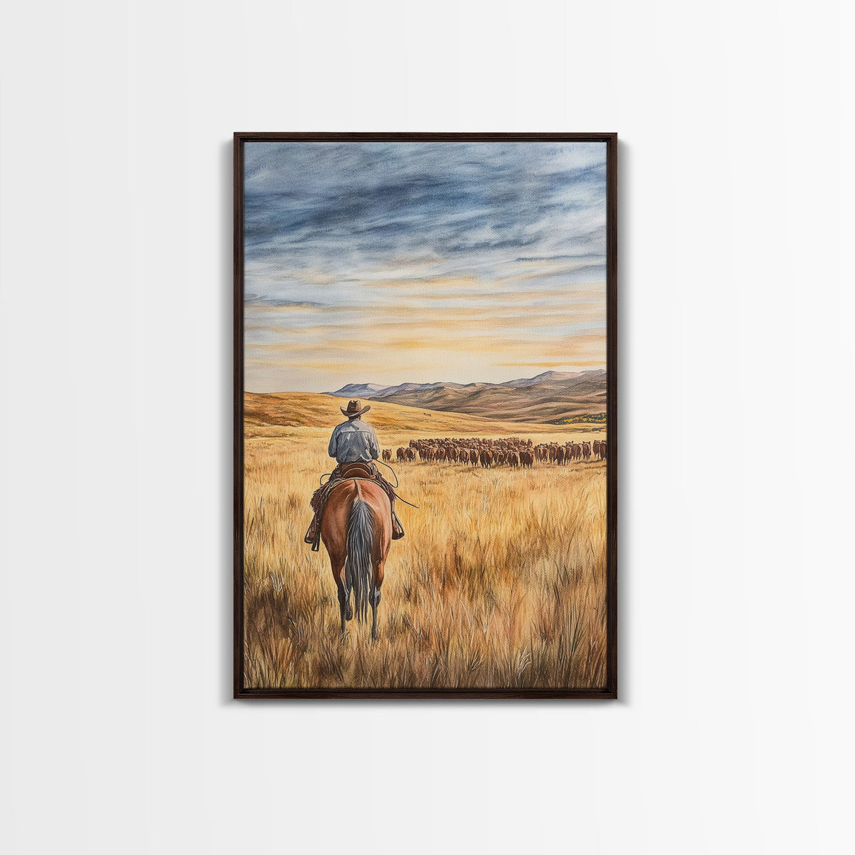 Cowboy &amp; Cattle Framed Canvas – Western Rustic Wall Art
