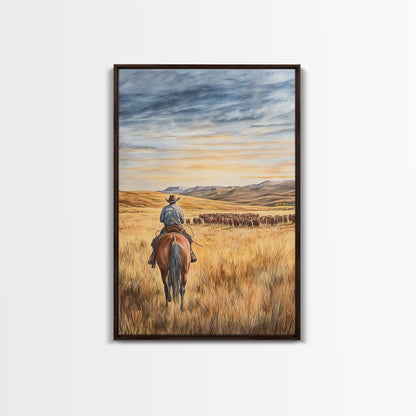 Cowboy &amp; Cattle Framed Canvas – Western Rustic Wall Art