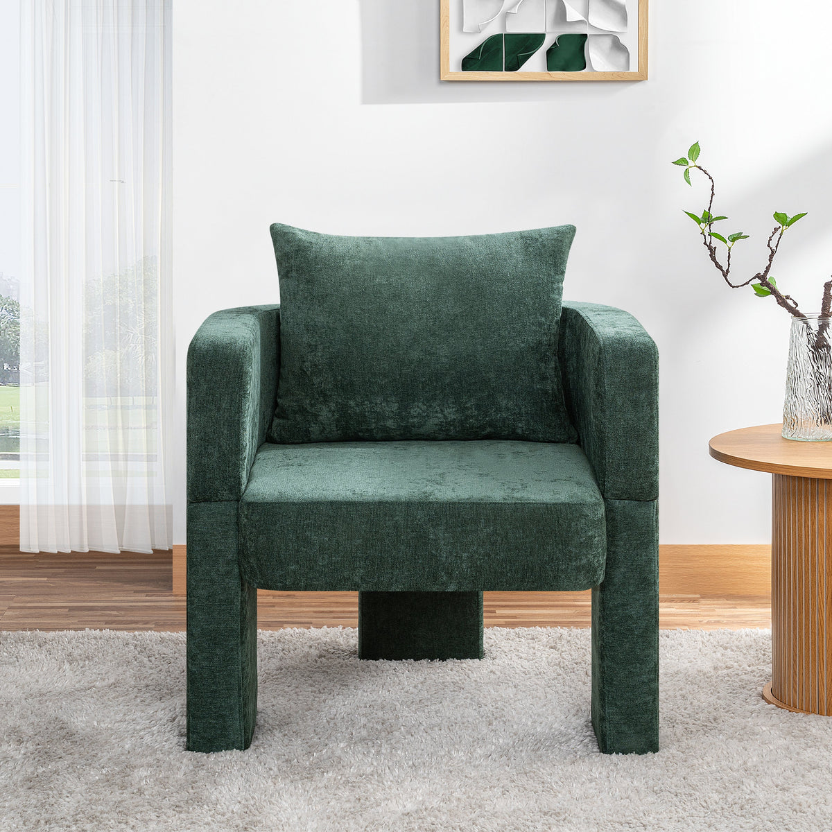 Modern 3-Leg Chenille Accent Chair with Ergonomic Arms &amp; Removable Pillow