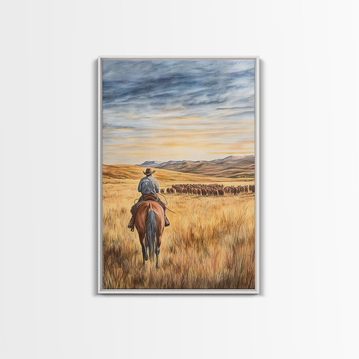 Cowboy &amp; Cattle Framed Canvas – Western Rustic Wall Art