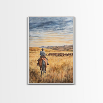 Cowboy &amp; Cattle Framed Canvas – Western Rustic Wall Art