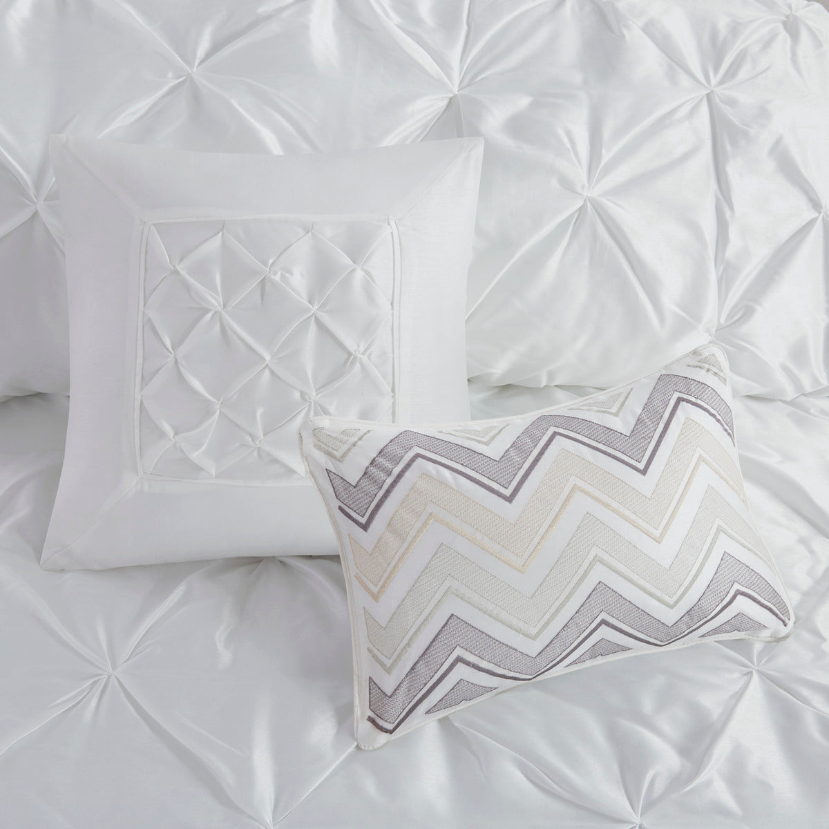 7 Piece Tufted Comforter Set with Hypoallergenic Filling - White