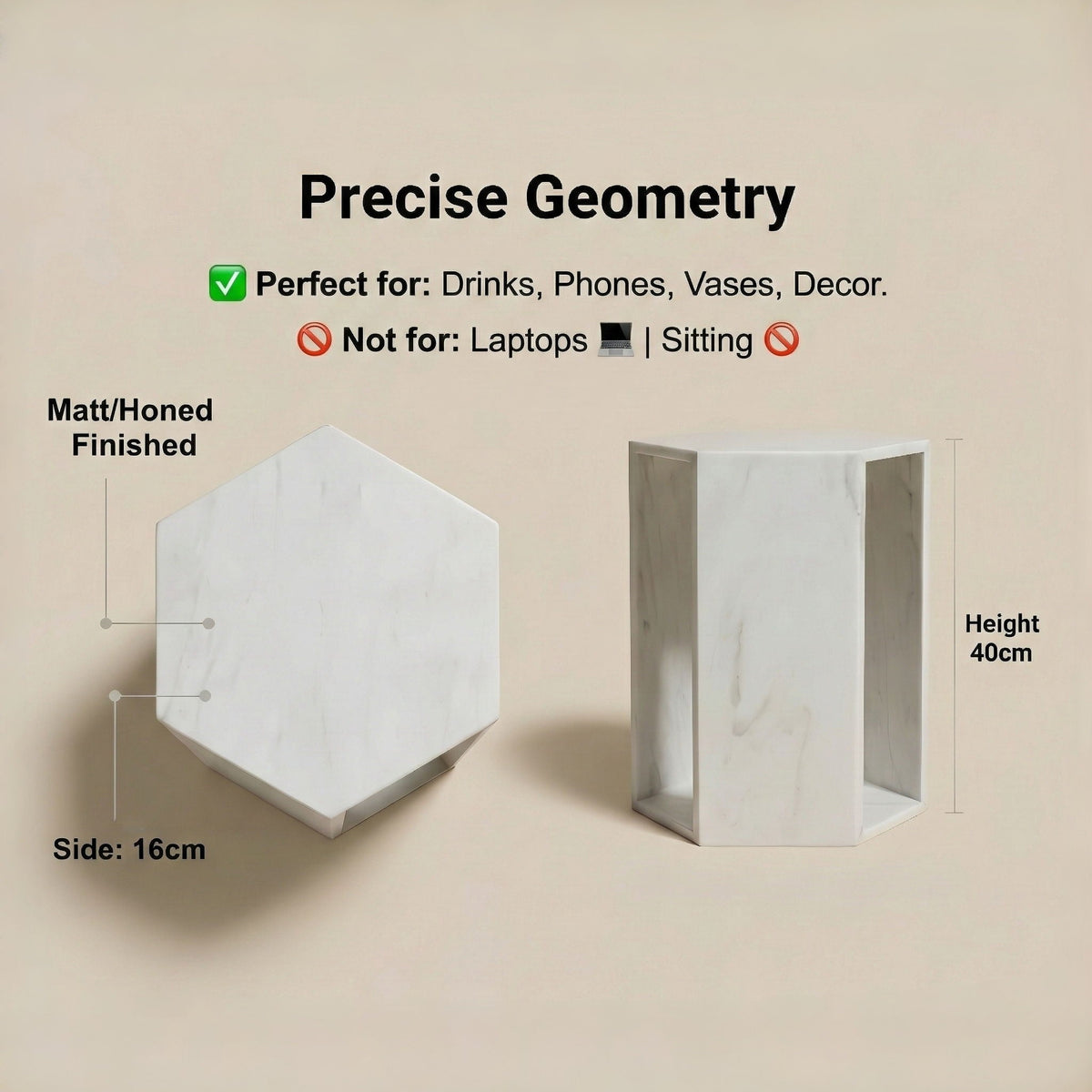 Modern Minimalist Hexagon Side Table with Honed Marble Finish - Gold, White, Pink, Dark Green, Dark Gray