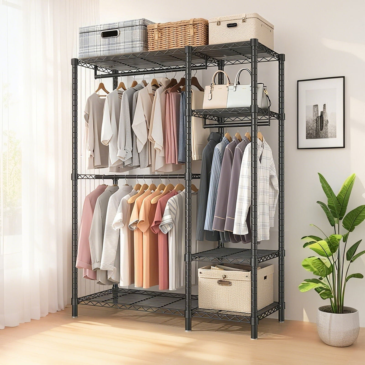 Freestanding Clothes Rack with Adjustable Shelves and 3 Garment Rails - Black
