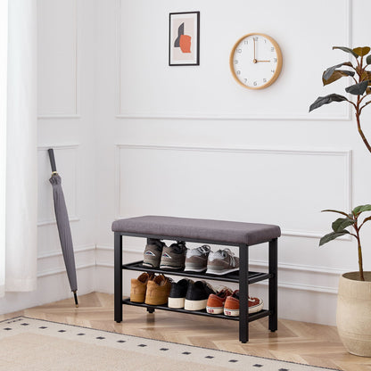 Shoe Bench With Cushion Storage Seat – Metal Frame and Faux Leather – Black or Dark Gray