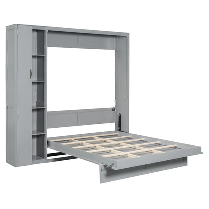 Queen Size Murphy Bed Wall Bed with Shelves, Wardrobe and LED Lights, Gray