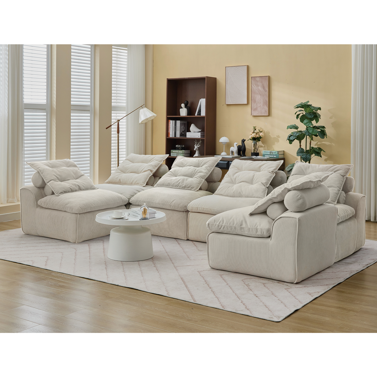 Modular Sofa 6-Piece Set with Neck &amp; Waist Pillows - Beige Corduroy