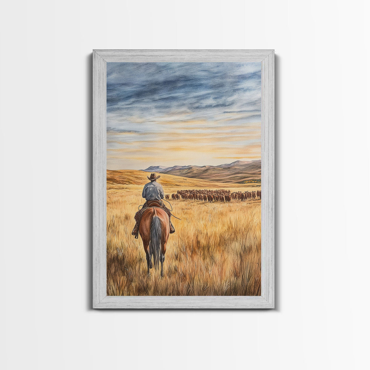 Cowboy &amp; Cattle Framed Canvas – Western Rustic Wall Art