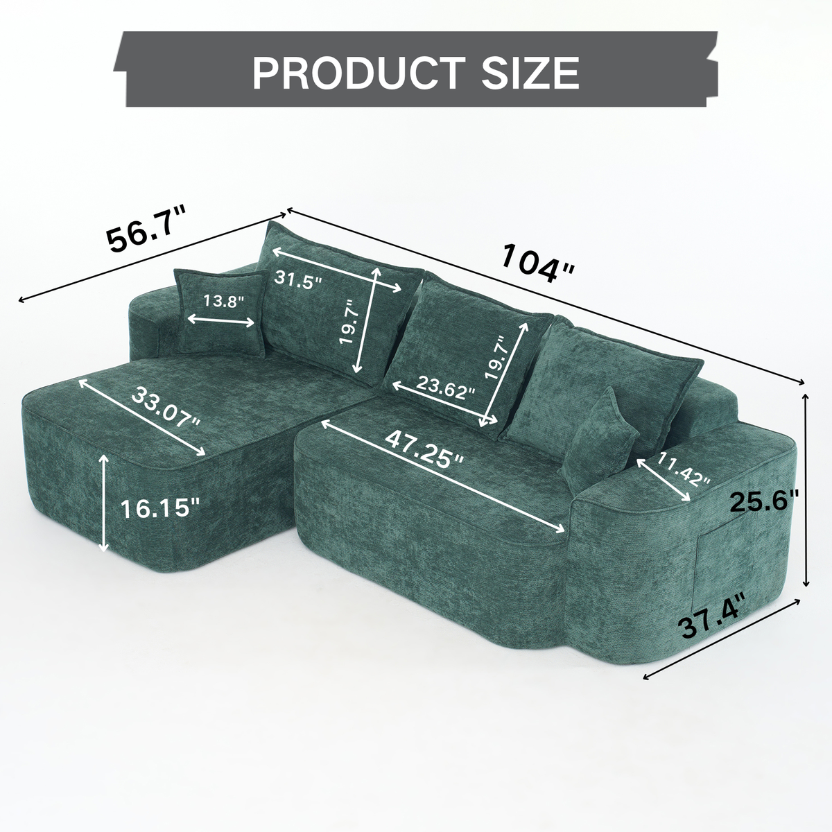 Modern Green Chenille L Shaped Sectional Sofa with Chaise