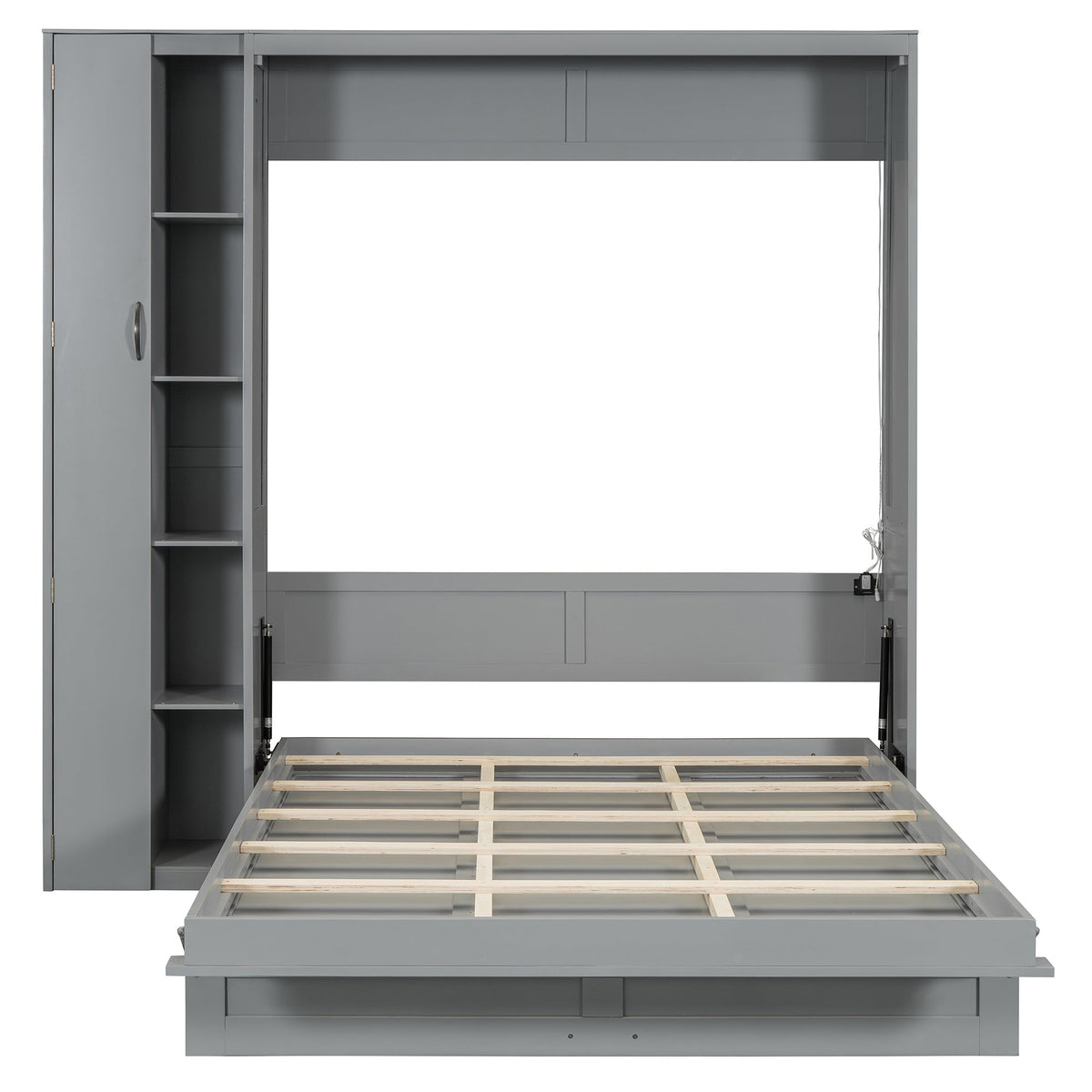 Queen Size Murphy Bed Wall Bed with Shelves, Wardrobe and LED Lights, Gray