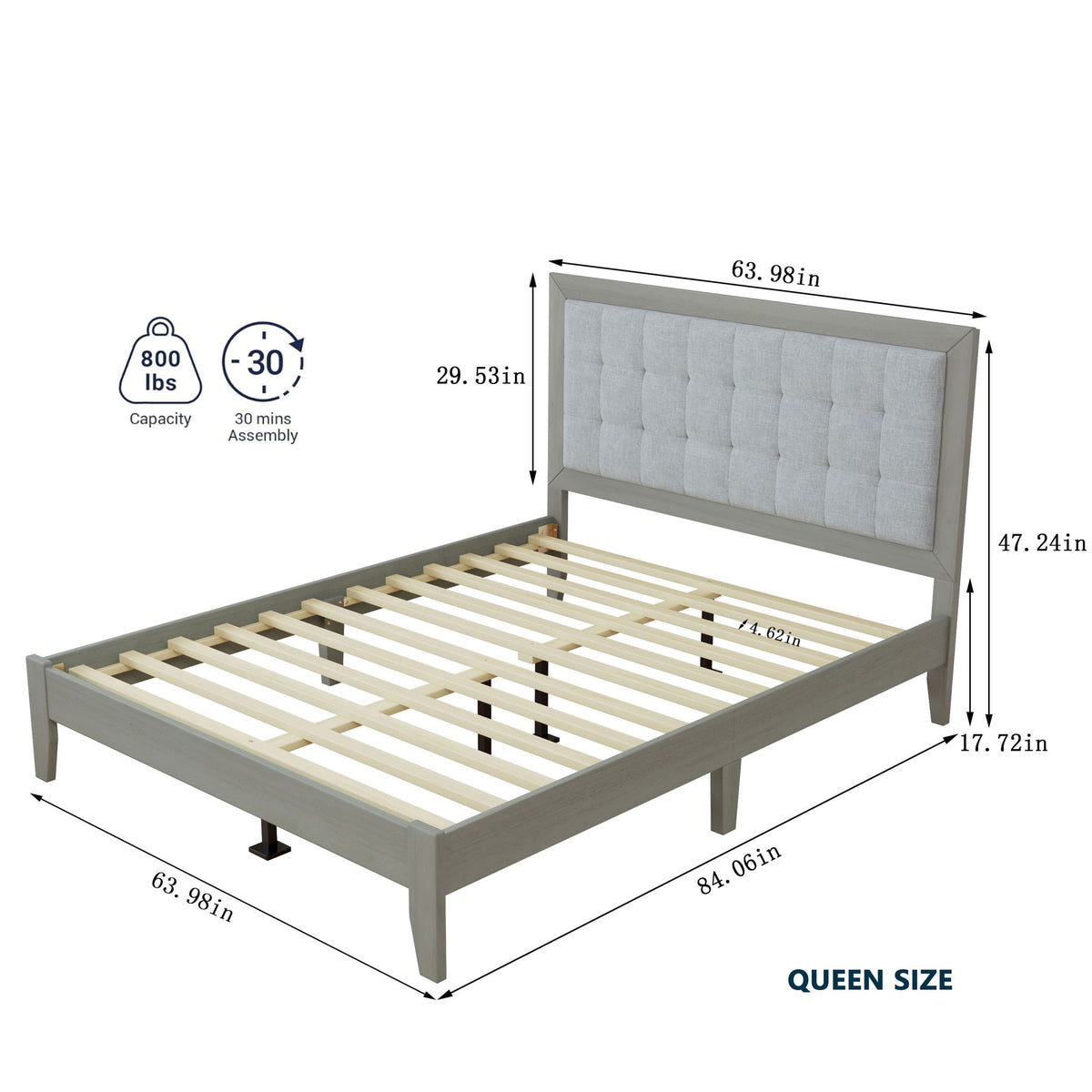 Mid Century Modern Platform Bed with Upholstered Headboard - Dark Gray