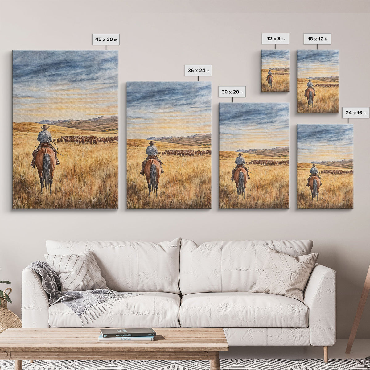 Cowboy &amp; Cattle Framed Canvas – Western Rustic Wall Art
