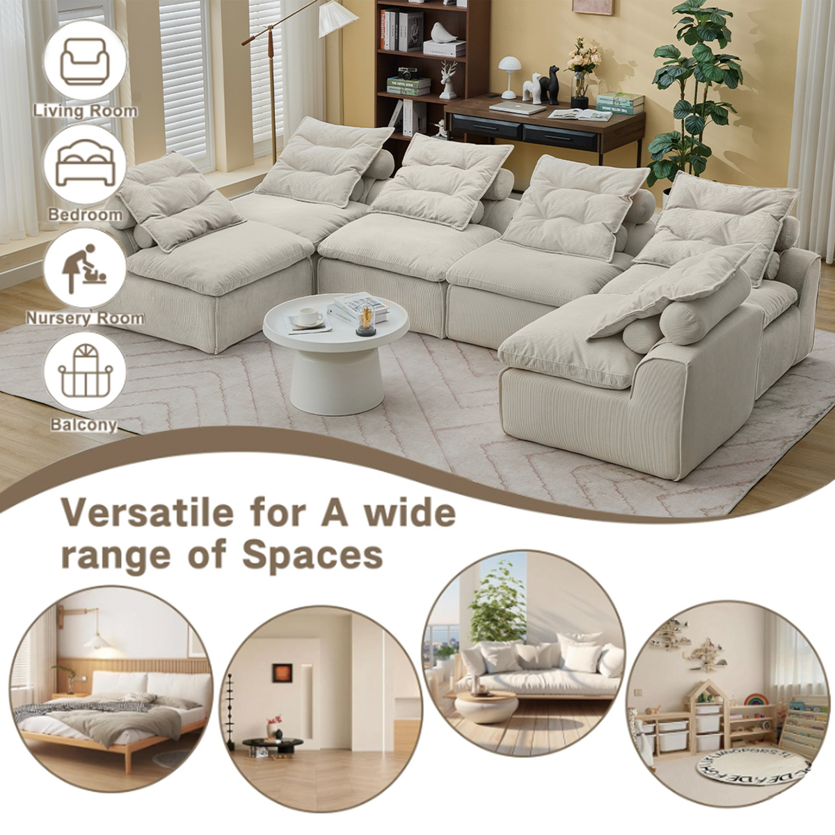 Modular Sofa 6-Piece Set with Neck &amp; Waist Pillows - Beige Corduroy