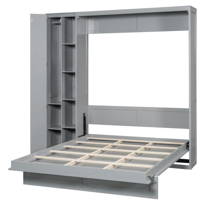 Queen Size Murphy Bed Wall Bed with Shelves, Wardrobe and LED Lights, Gray