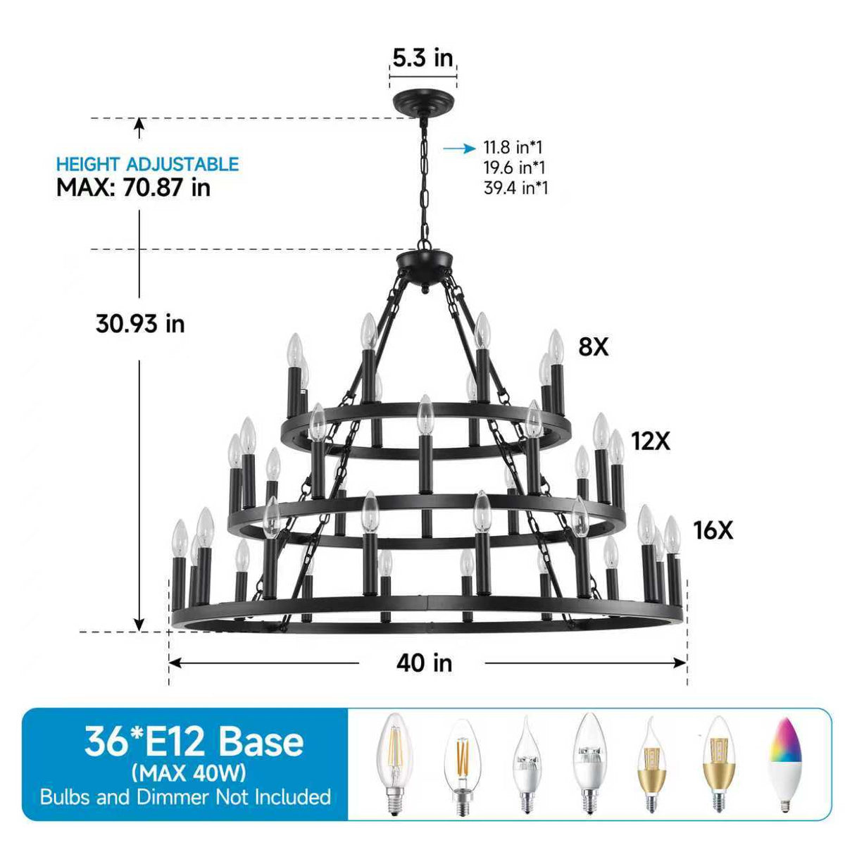 39.37 Inch 3-Tier Wagon Wheel Chandelier with 36 Lights - Matte Black