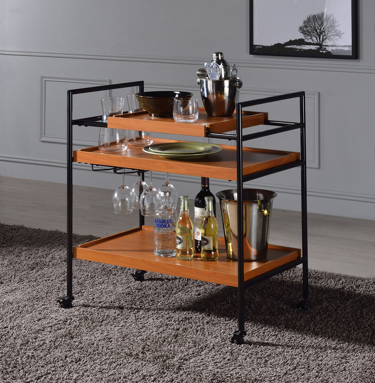 Honey Oak &amp; Black Finish Bar Cart with Wooden Trays - Oaken