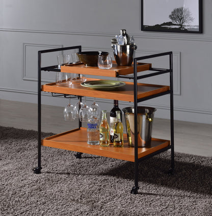 Honey Oak &amp; Black Finish Bar Cart with Wooden Trays - Oaken