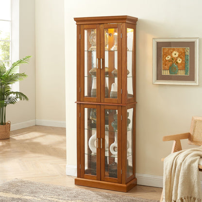 Lighted Curio Cabinet with Adjustable Shelves and Mirrored Back Panel - Dark Brown, Dark Red, Light Brown