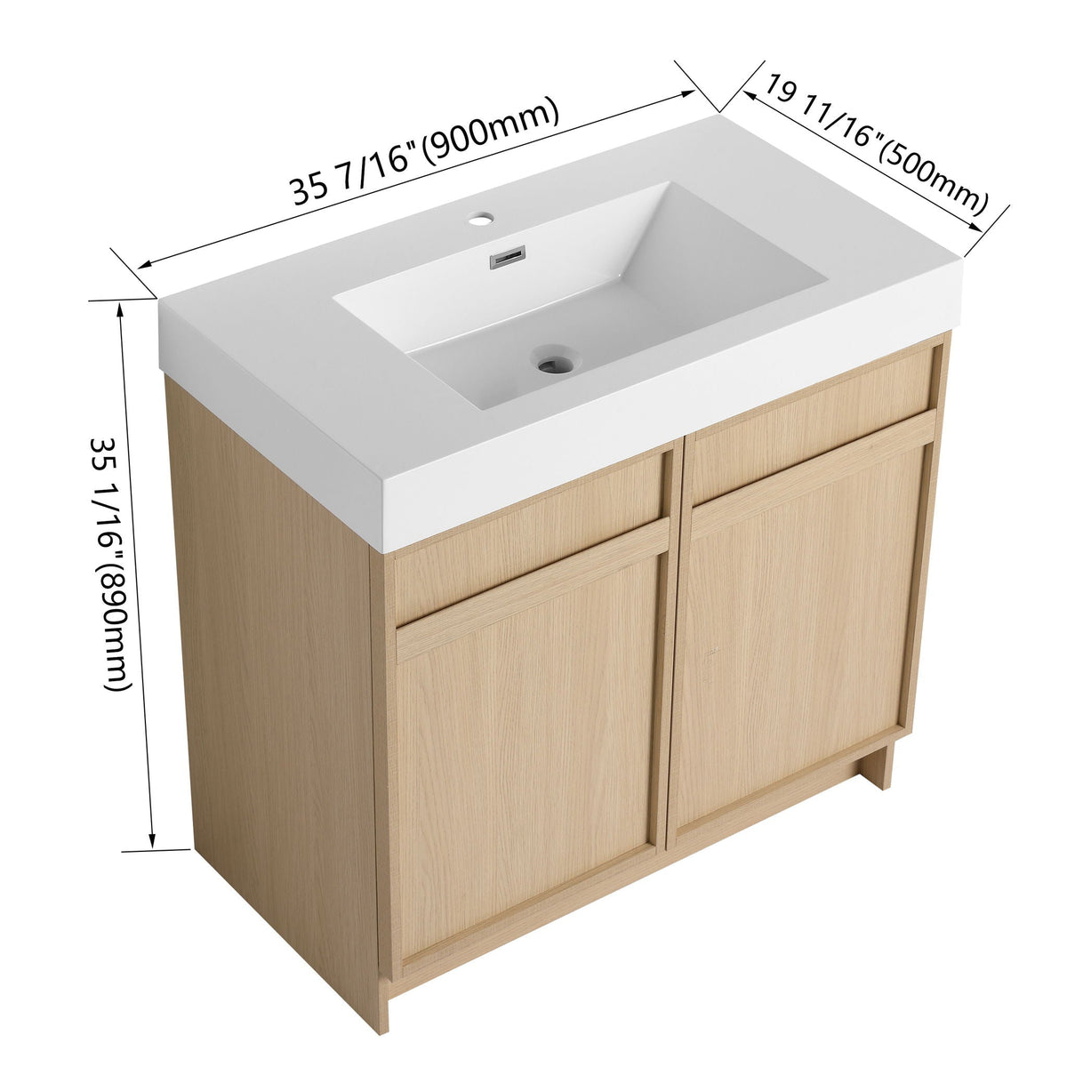 Light Brown Freestanding Bathroom Vanity with Resin Sink &amp; Soft Close Cabinet Doors