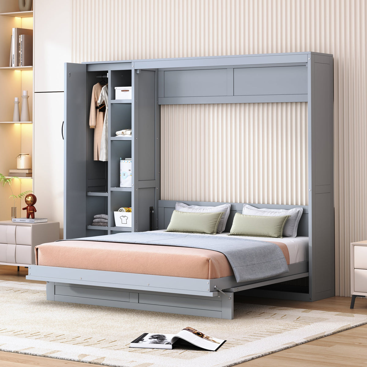 Queen Size Murphy Bed Wall Bed with Shelves, Wardrobe and LED Lights, Gray