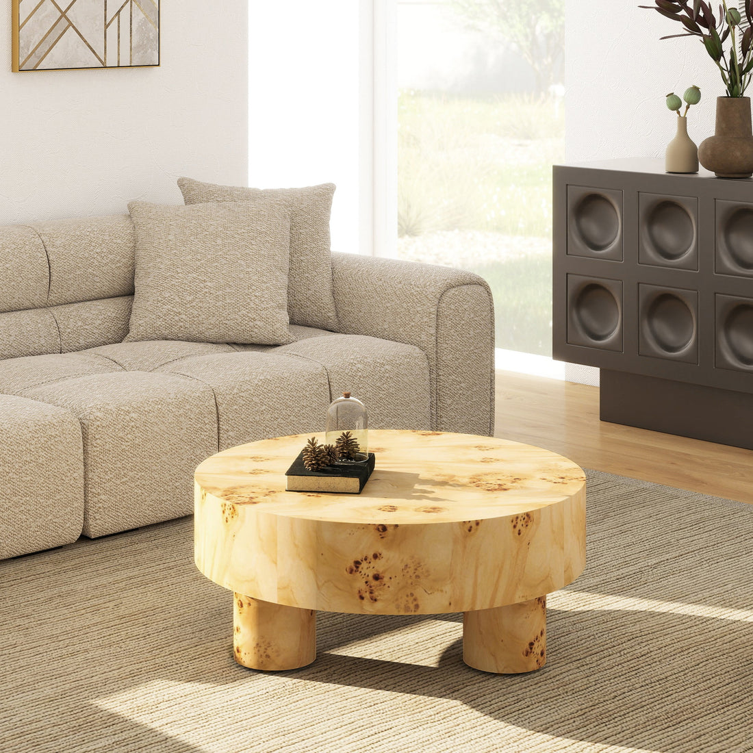 Nebula 35.5" Round Coffee Table with Pillar Legs - Warm Natural Brown Burl Wood