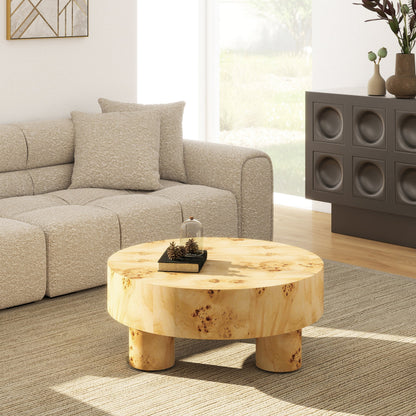 Nebula 35.5" Round Coffee Table with Pillar Legs - Warm Natural Brown Burl Wood