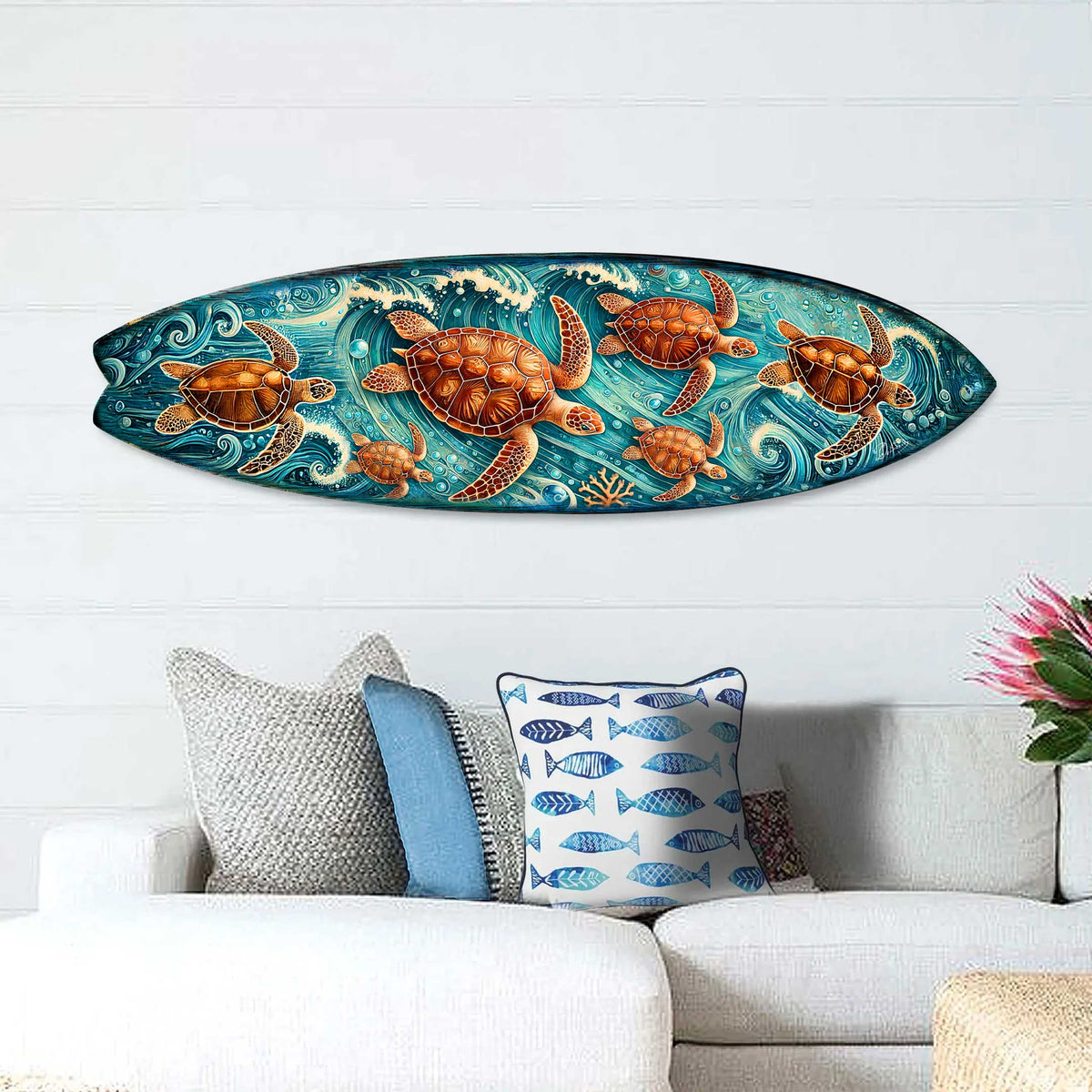 Sea Turtle Surfboard Coastal Wall Art – Handcrafted Ocean Wave Wooden Decor by G.DeBrekht – Marine Life Beach House Accent – 8490150HS