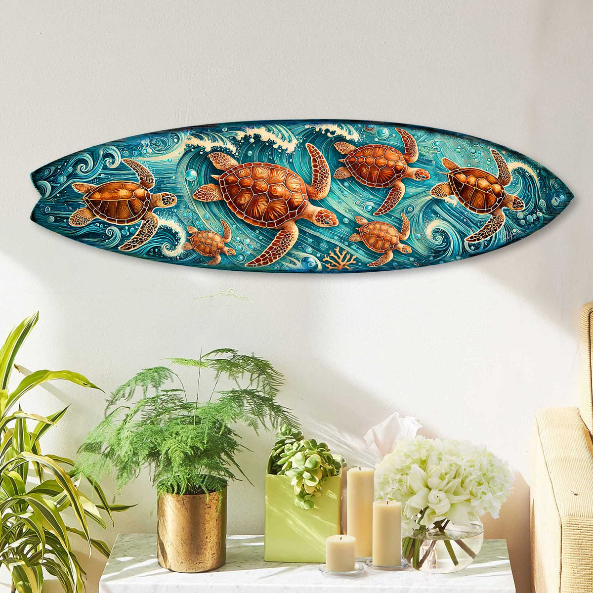 Sea Turtle Surfboard Coastal Wall Art – Handcrafted Ocean Wave Wooden Decor by G.DeBrekht – Marine Life Beach House Accent – 8490150HS