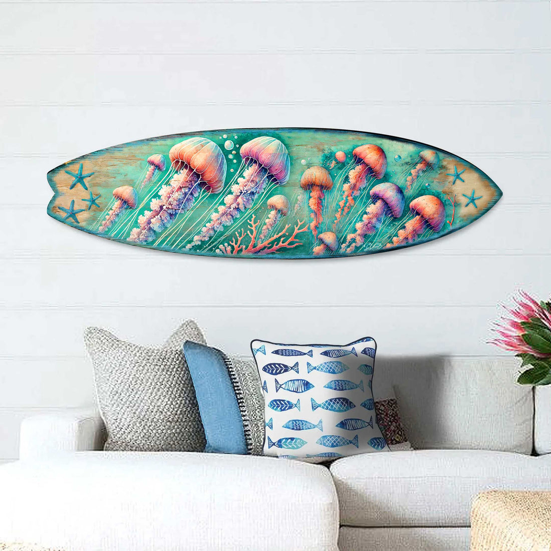 Jellyfish Surfboard Wall Art – Handcrafted Underwater Coastal Decor by G.DeBrekht – Ocean-Inspired Wooden Accent for Indoor &amp; Outdoor – 8490153HS