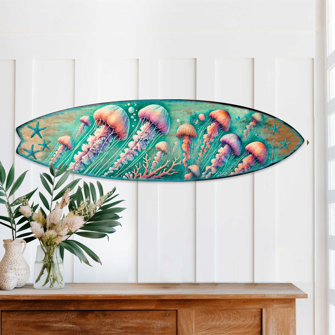 Jellyfish Surfboard Wall Art – Handcrafted Underwater Coastal Decor by G.DeBrekht – Ocean-Inspired Wooden Accent for Indoor &amp; Outdoor – 8490153HS