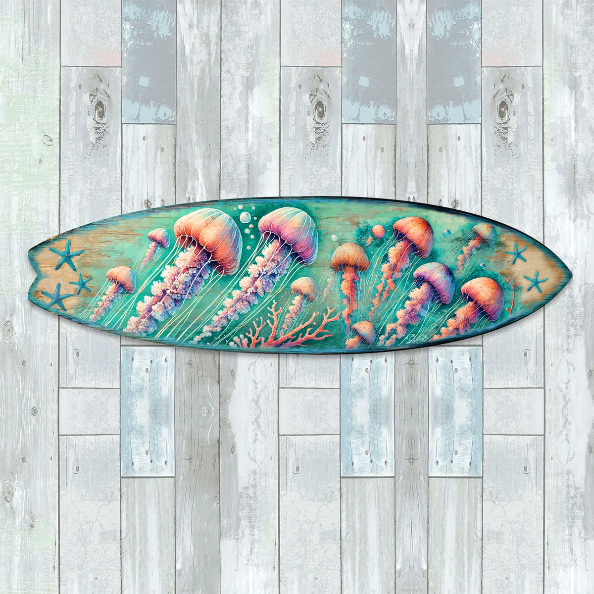 Jellyfish Surfboard Wall Art – Handcrafted Underwater Coastal Decor by G.DeBrekht – Ocean-Inspired Wooden Accent for Indoor &amp; Outdoor – 8490153HS