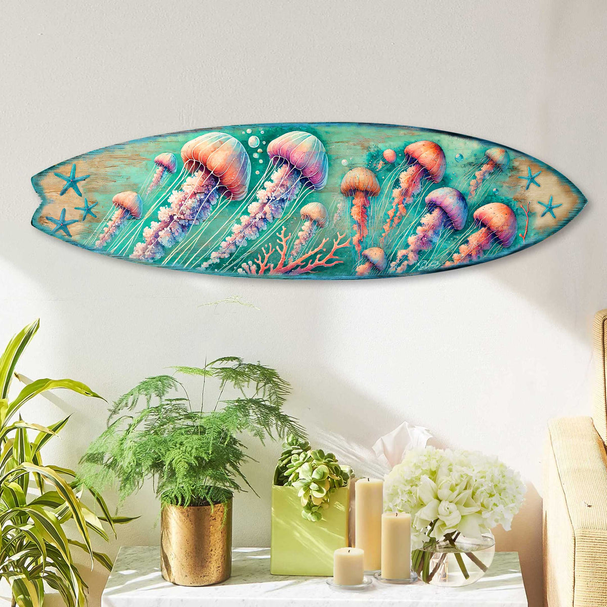 Jellyfish Surfboard Wall Art – Handcrafted Underwater Coastal Decor by G.DeBrekht – Ocean-Inspired Wooden Accent for Indoor &amp; Outdoor – 8490153HS