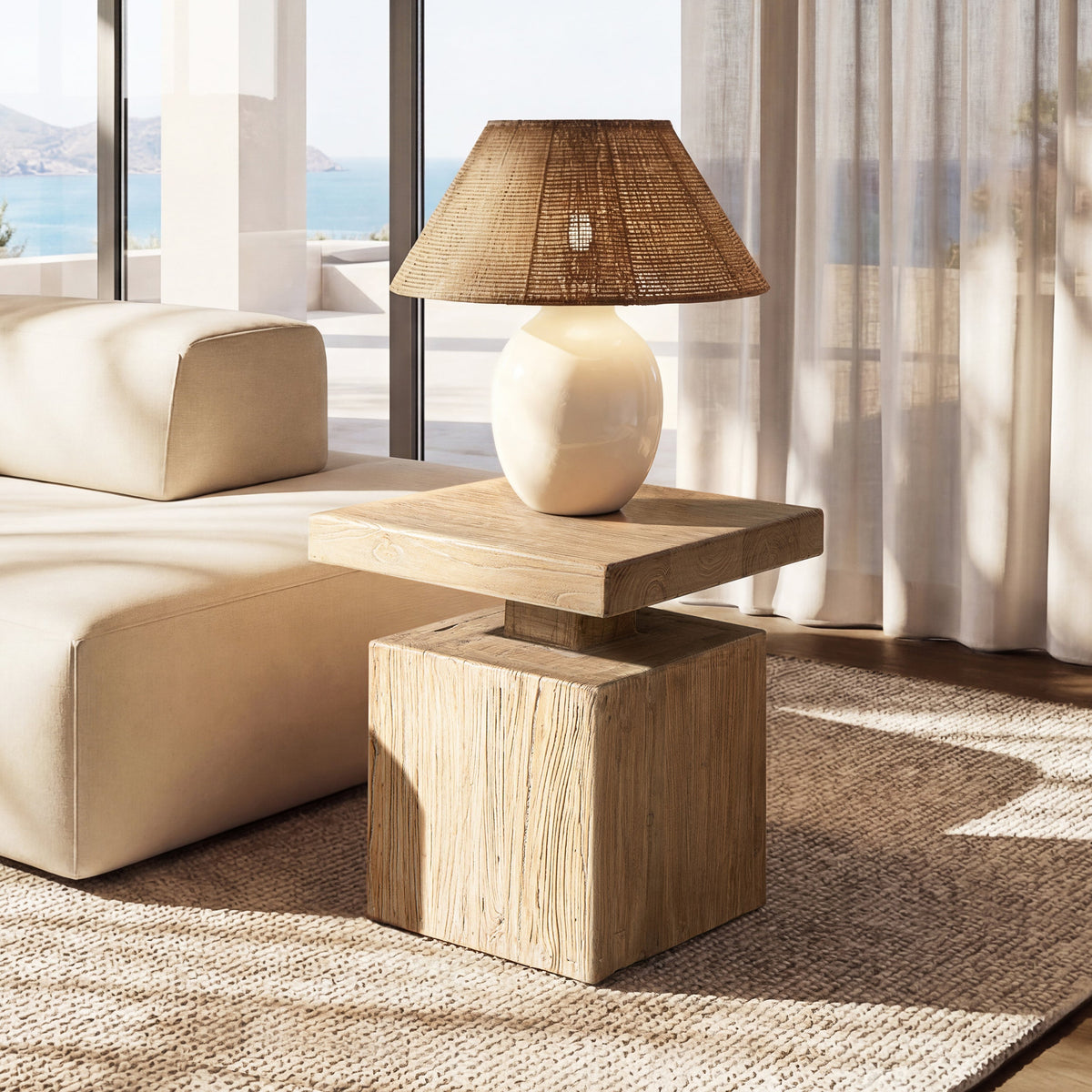 Solid Block Plinth End Table with Reclaimed Elm - Heritage Light Natural Brown