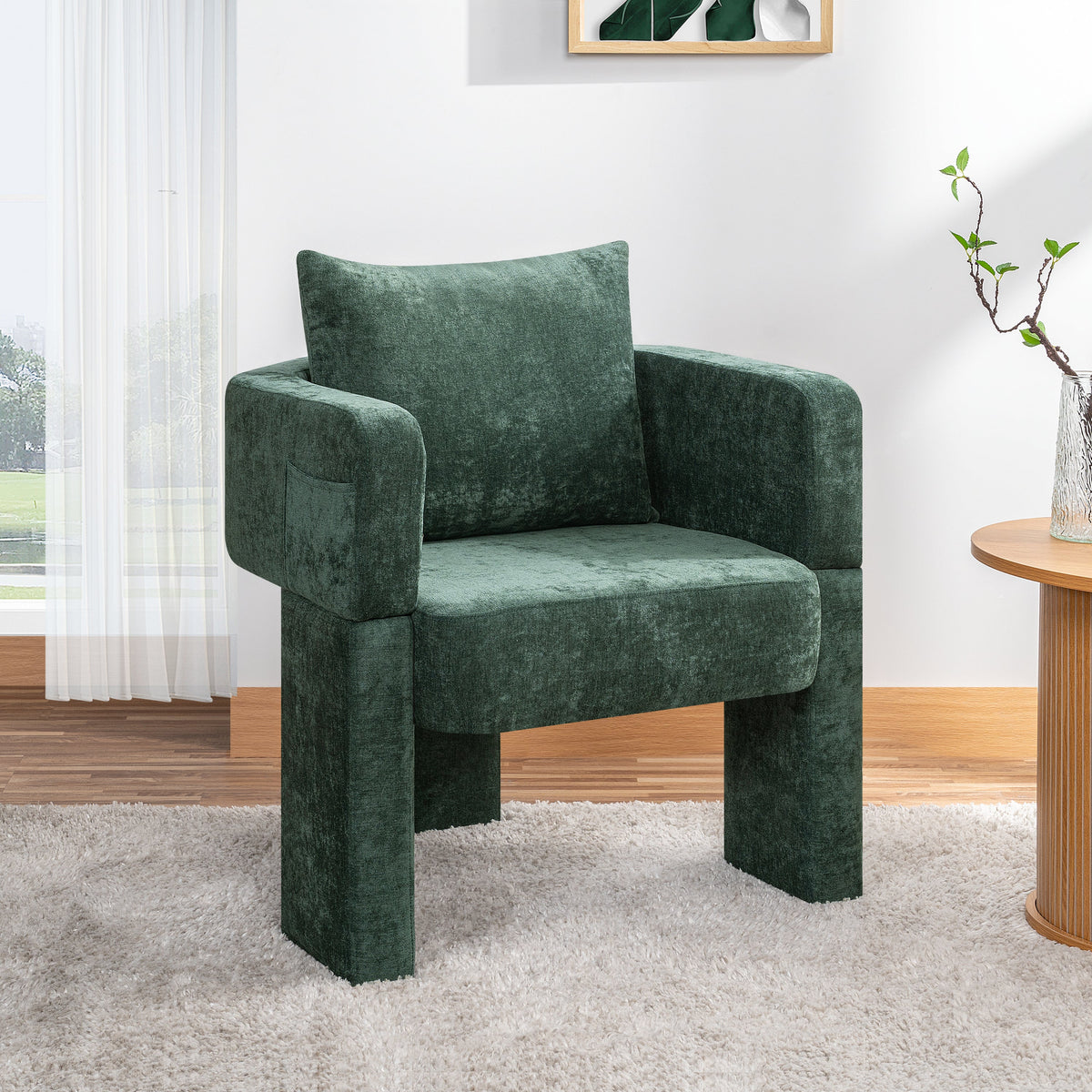 Modern 3-Leg Chenille Accent Chair with Ergonomic Arms &amp; Removable Pillow