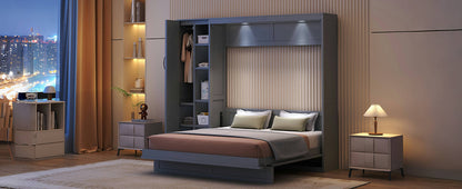 Queen Size Murphy Bed Wall Bed with Shelves, Wardrobe and LED Lights, Gray