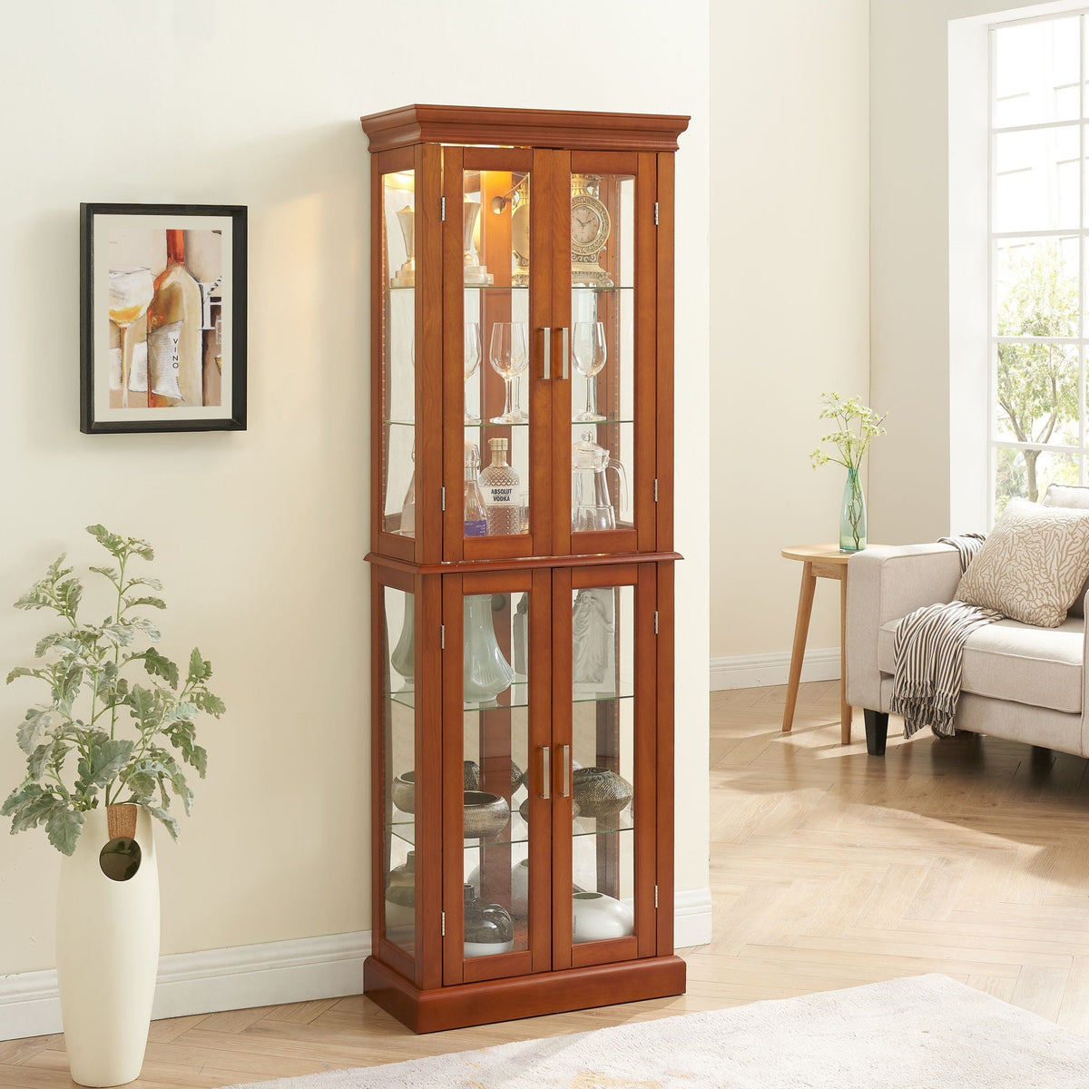 Lighted Curio Cabinet with Adjustable Shelves and Mirrored Back Panel - Dark Brown, Dark Red, Light Brown