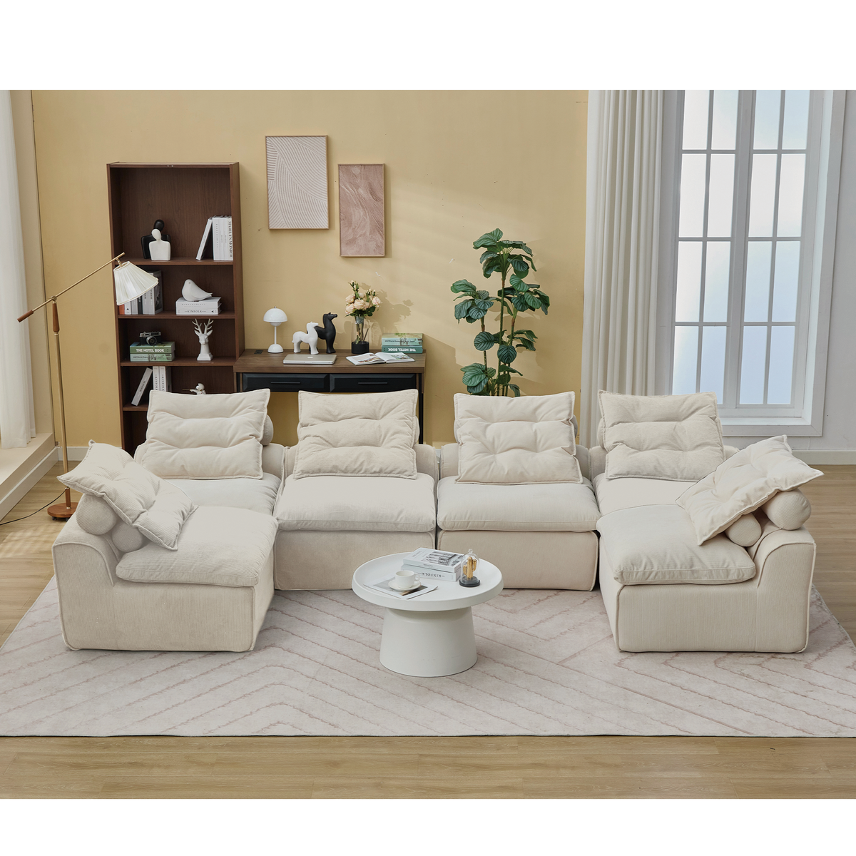 Modular Sofa 6-Piece Set with Neck &amp; Waist Pillows - Beige Corduroy