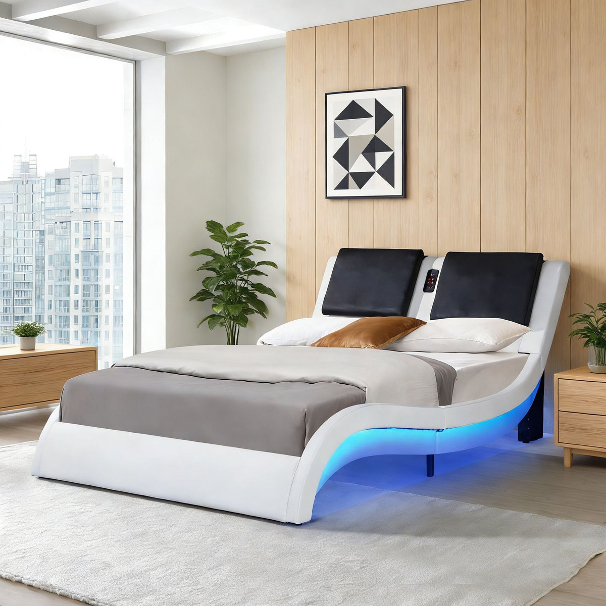 Platform Bed Frame with LED Lighting, Bluetooth &amp; Massage - Faux Leather