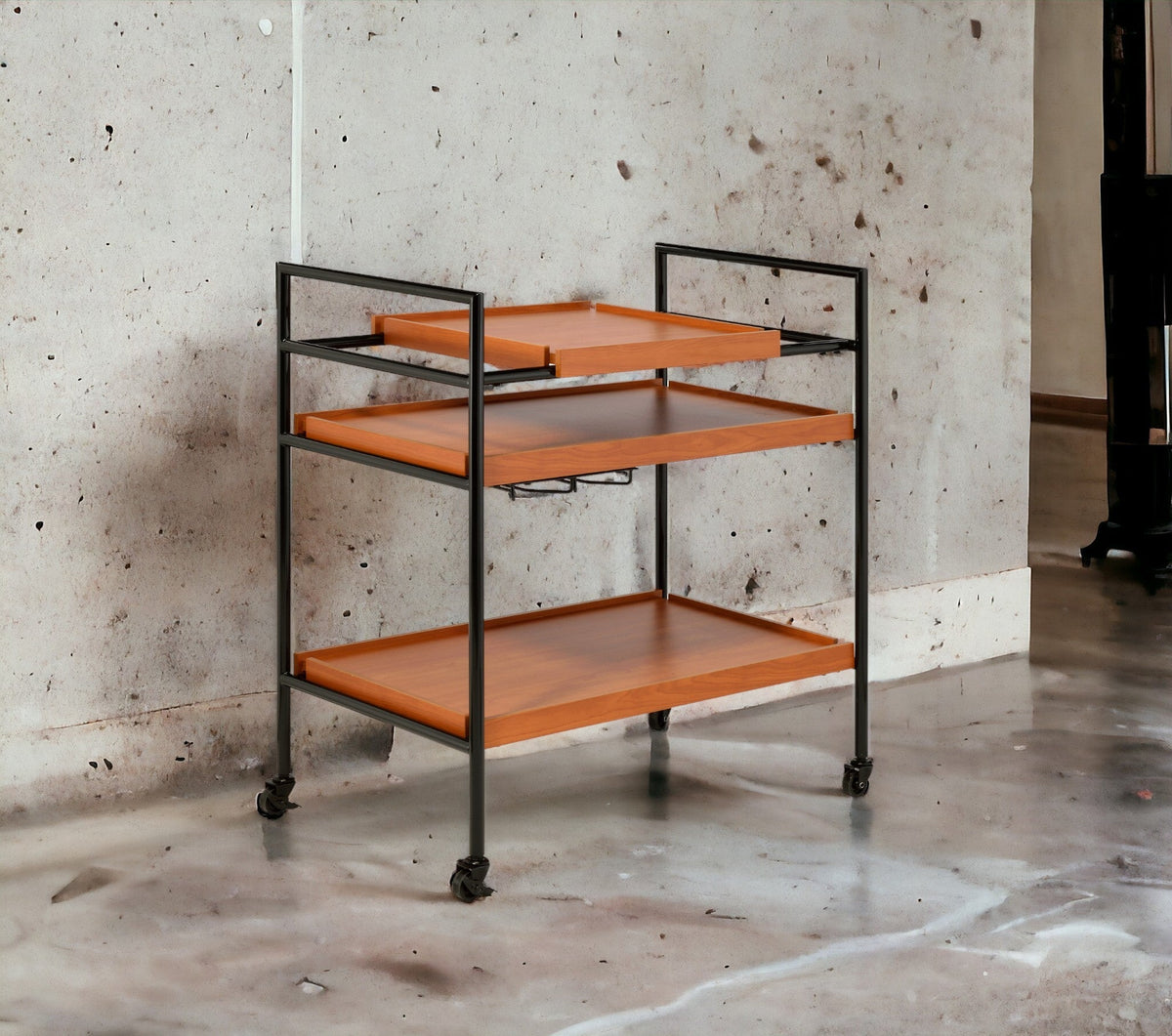 Honey Oak &amp; Black Finish Bar Cart with Wooden Trays - Oaken