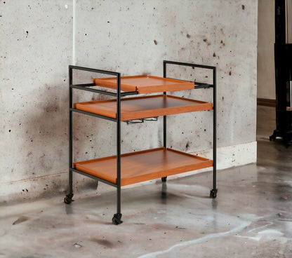 Honey Oak &amp; Black Finish Bar Cart with Wooden Trays - Oaken
