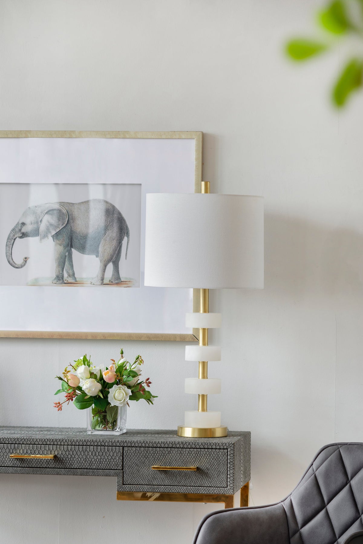 Marble Table Lamp with Brass Frame and White Fabric Shade - White + Gold