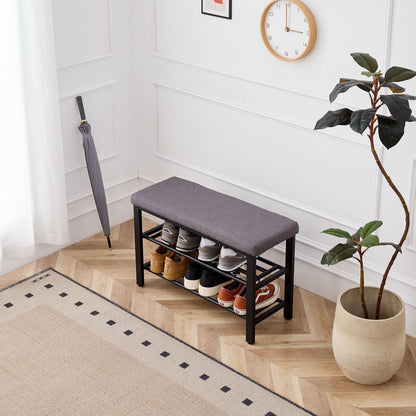 Shoe Bench With Cushion Storage Seat – Metal Frame and Faux Leather – Black or Dark Gray