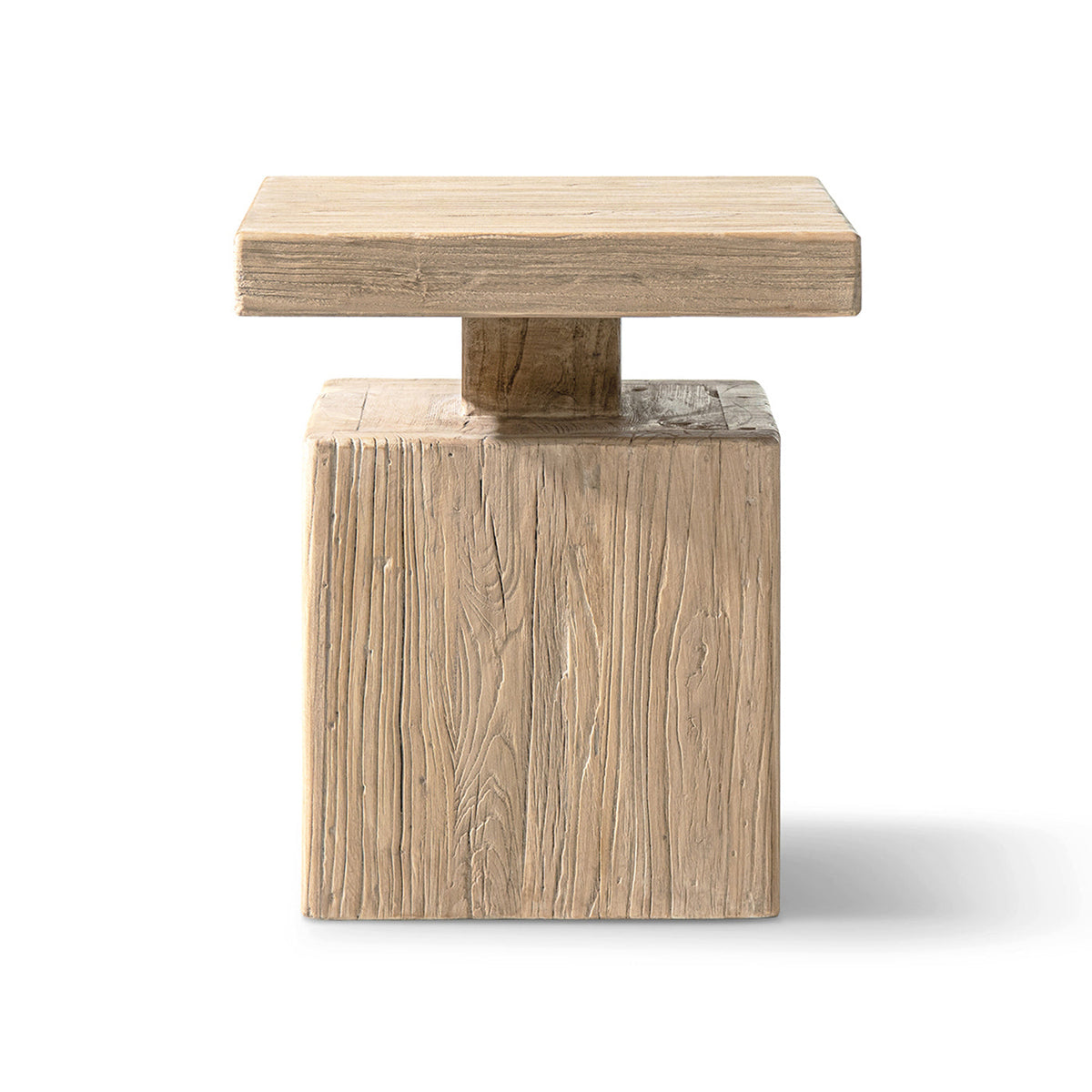 Solid Block Plinth End Table with Reclaimed Elm - Heritage Light Natural Brown