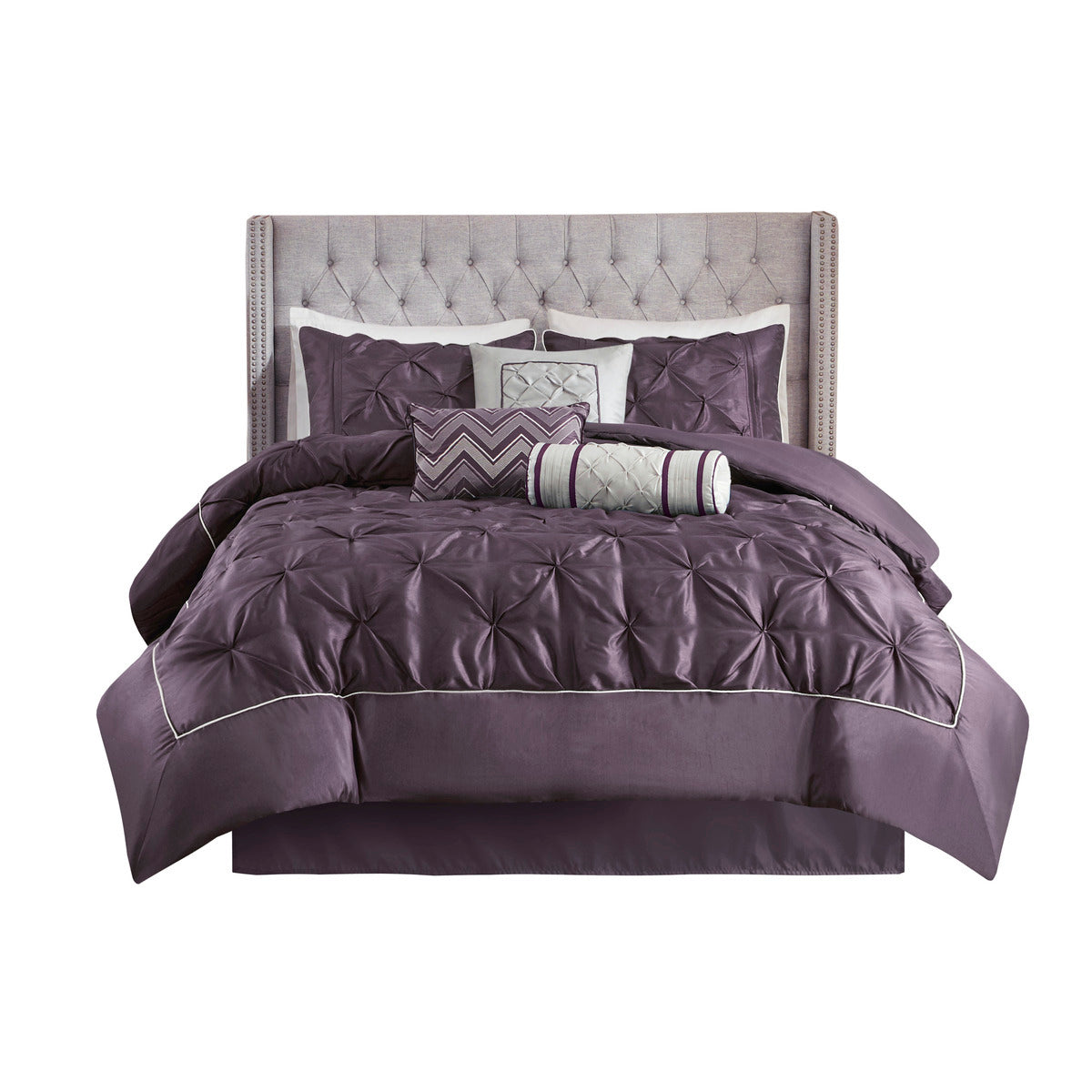 7 Piece Tufted Comforter Set in Plum for King Beds