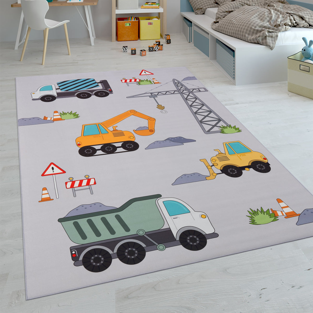 Kids Play-Mat Bob Construction Site with Trucks &amp; Cranes in Grey