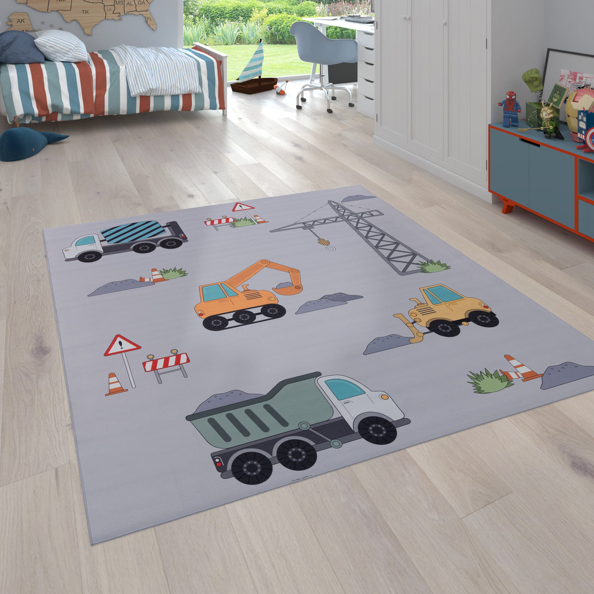 Kids Play-Mat Bob Construction Site with Trucks &amp; Cranes in Grey