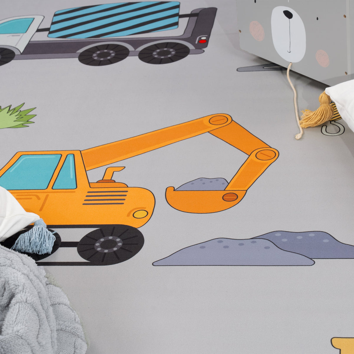 Kids Play-Mat Bob Construction Site with Trucks &amp; Cranes in Grey