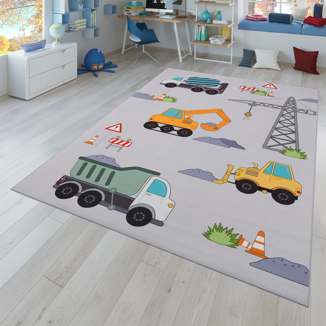 Kids Play-Mat Bob Construction Site with Trucks &amp; Cranes in Grey