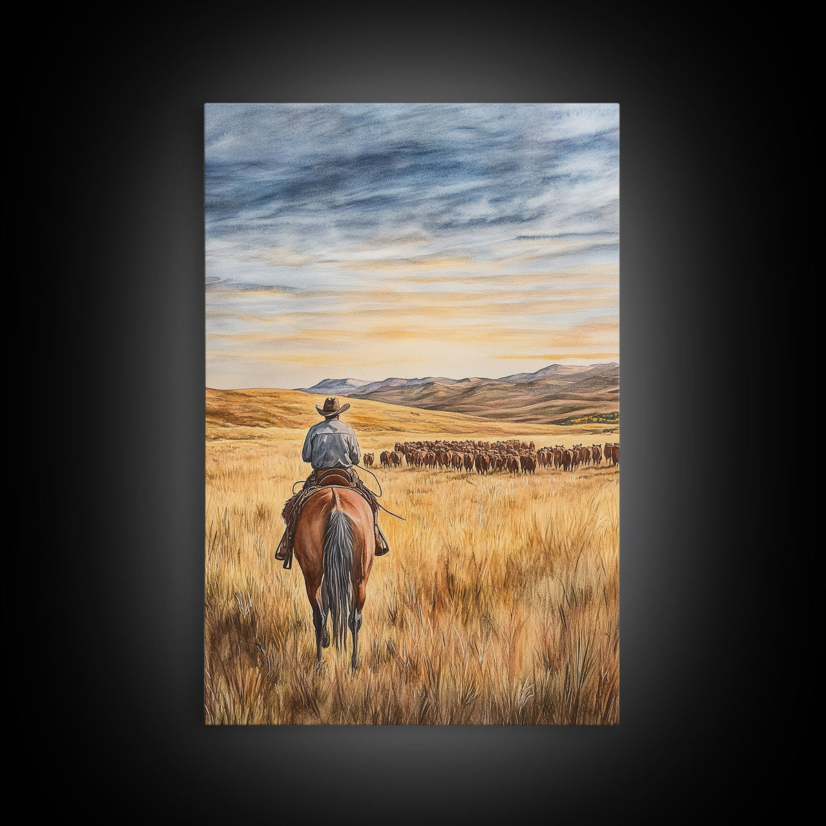 Cowboy &amp; Cattle Framed Canvas – Western Rustic Wall Art