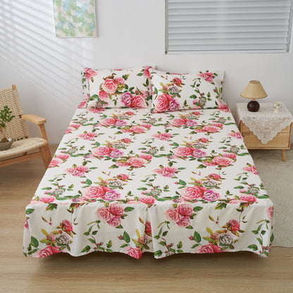 DaDa Bedding Romantic Roses Floral Bed Skirt - Matching Pink &amp; White Ruffled Dust Ruffle for Quilted Coverlet Set - Lightweight &amp; Breathable Polyester Bedskirt